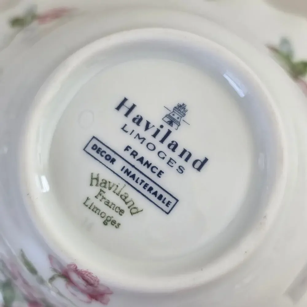 Haviland Limoges France Vintage Floral Handle Dish Pink Roses Porcelain Scallop